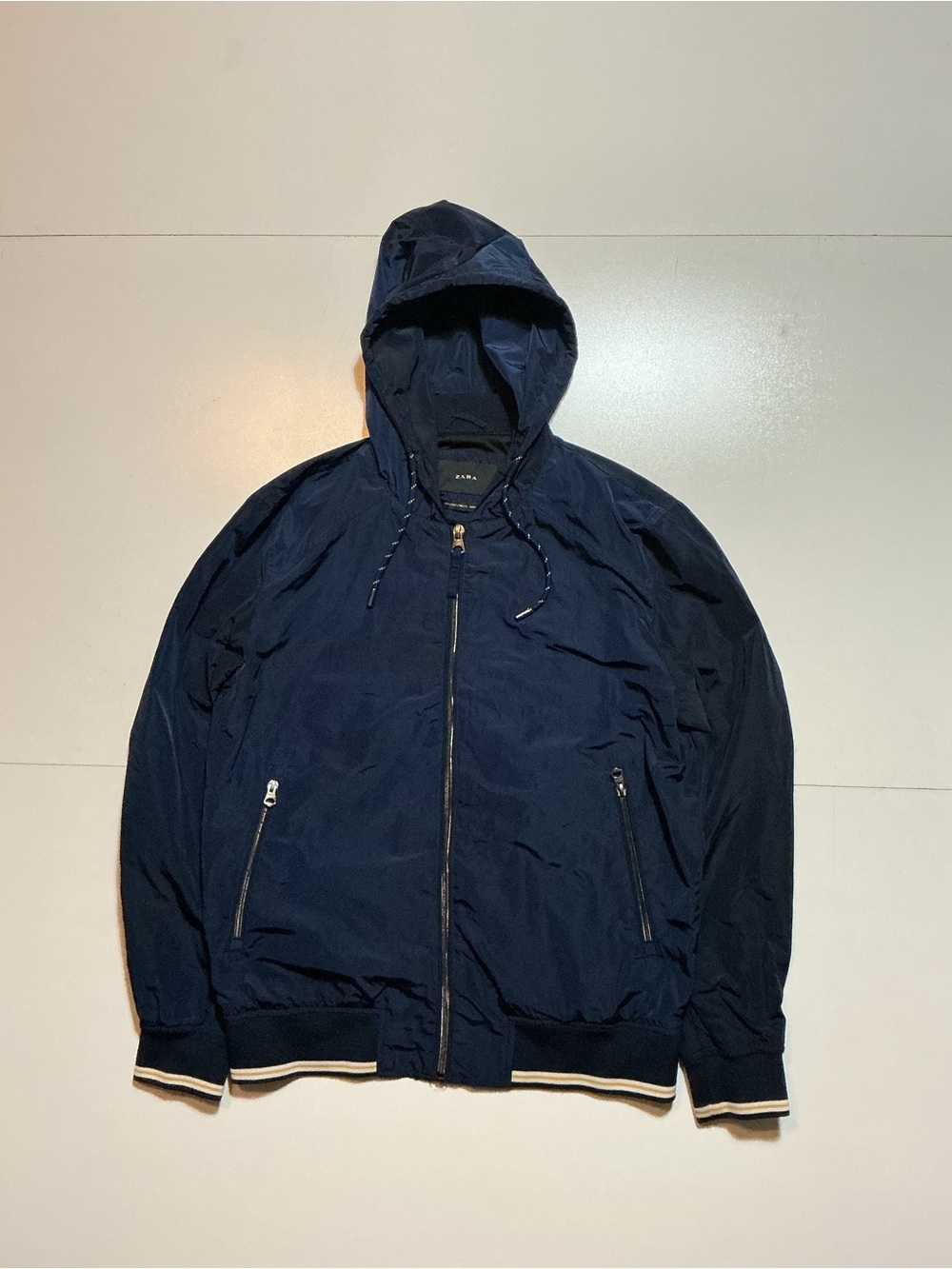 Zara Man Performance Navy Blue Striped Full Zip Hooded Technical Jacket